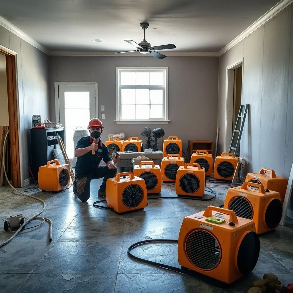 A restoration technician using a moisture meter on a wood-paneled wall inside a Mount Charleston cabin.