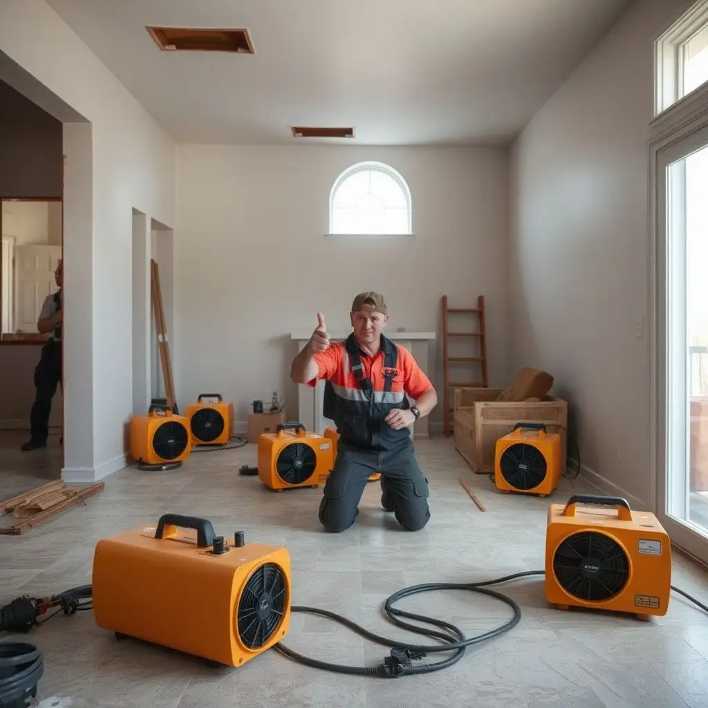 An IICRC certified technician setting up rapid structural drying equipment in a flooded Enterprise living room.