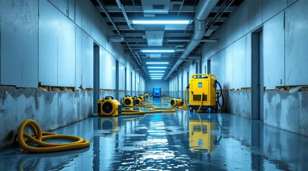 Pathway Restoration technicians using industrial LGR dehumidifiers in a flooded Las Vegas office lobby on West Sahara Ave.