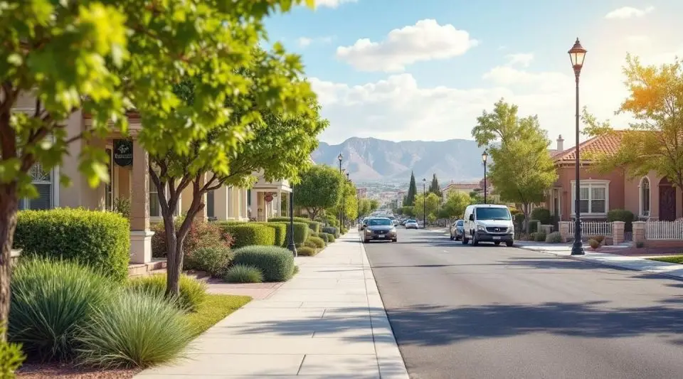 A white restoration response vehicle parked on a quiet Henderson residential street with stucco homes and palm trees.