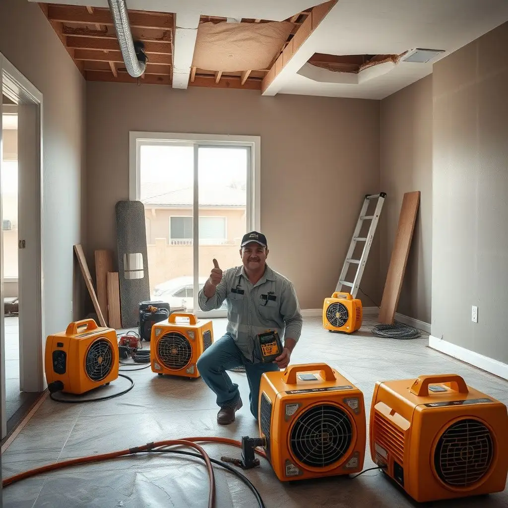 A restoration professional showing a North Las Vegas homeowner moisture readings on a tablet device.