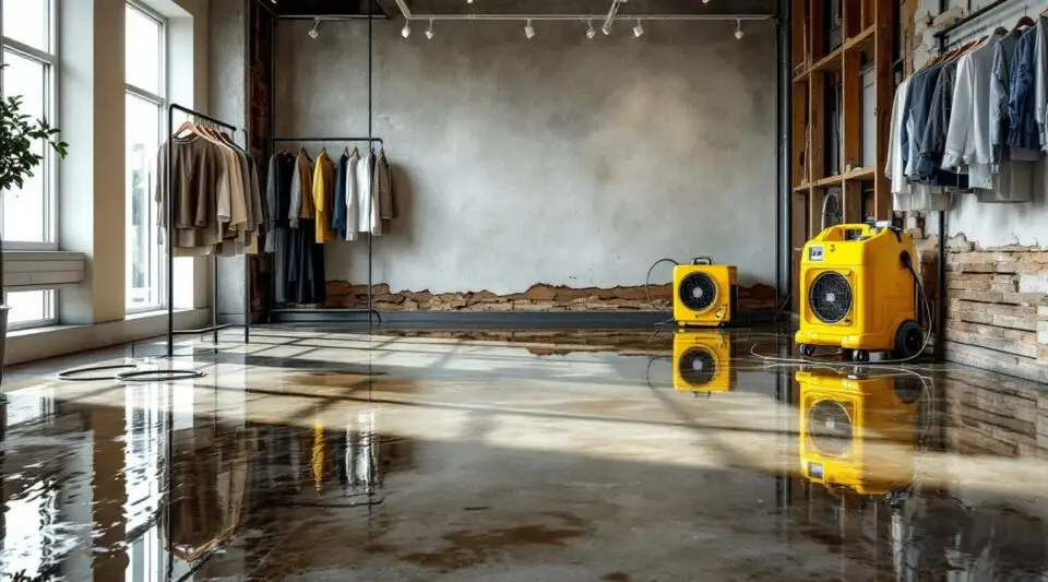 Restoration technicians using industrial water extractors in a flooded Las Vegas retail space with moisture mapping tools.