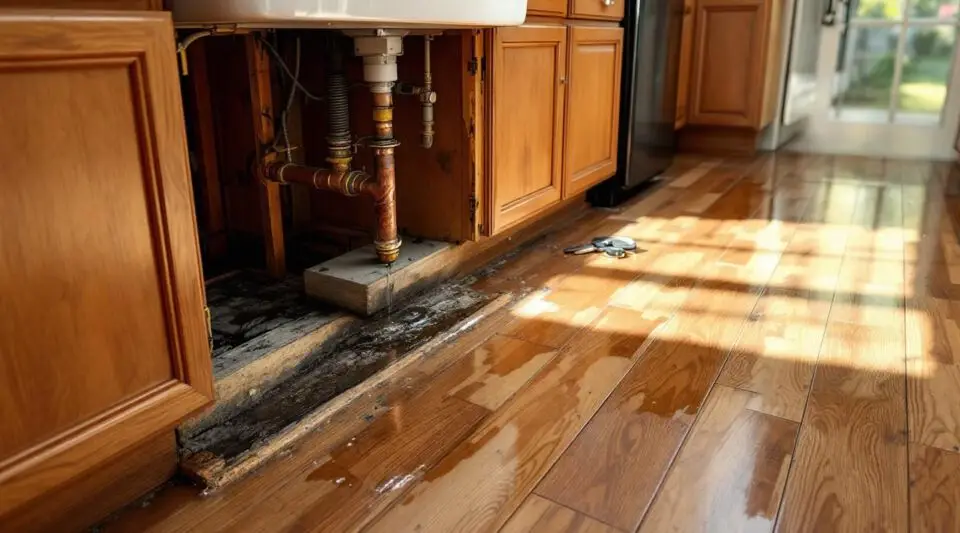 Professional technician inspecting water damage under a kitchen sink in a San Diego residence with specialized tools.