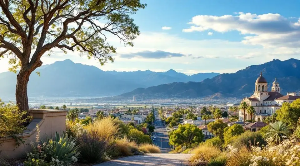 A professional restoration vehicle parked on a residential street in The Ridges at sunset with the Spring Mountains in the background.