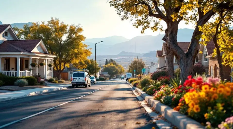 A professional restoration vehicle parked on a quiet Boulder City street with historic 1930s-style homes and desert peaks.