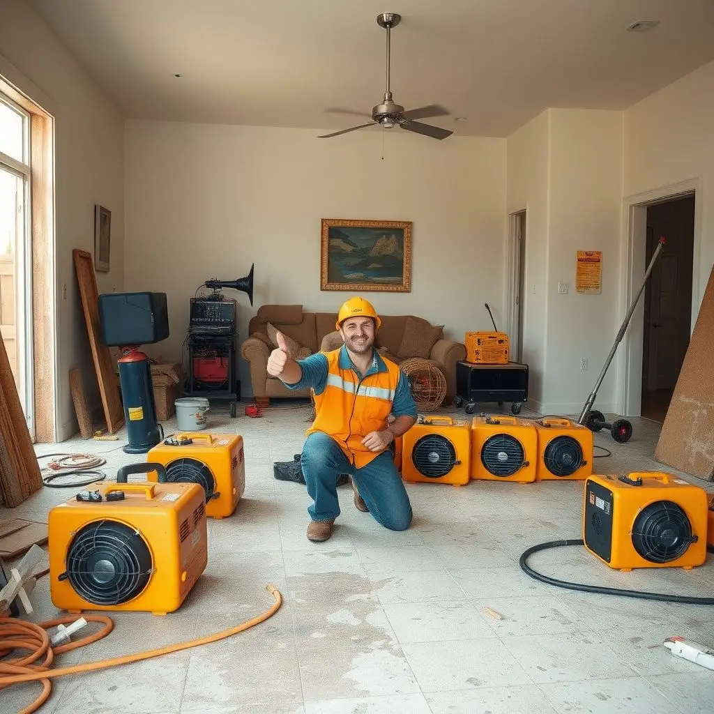 A clean, organized restoration job site in Winchester showing industrial air movers and dehumidifiers in place.