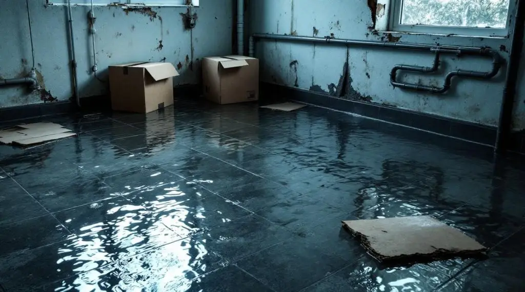 Professional restoration technicians using industrial water extractors and air movers in a flooded San Diego basement.