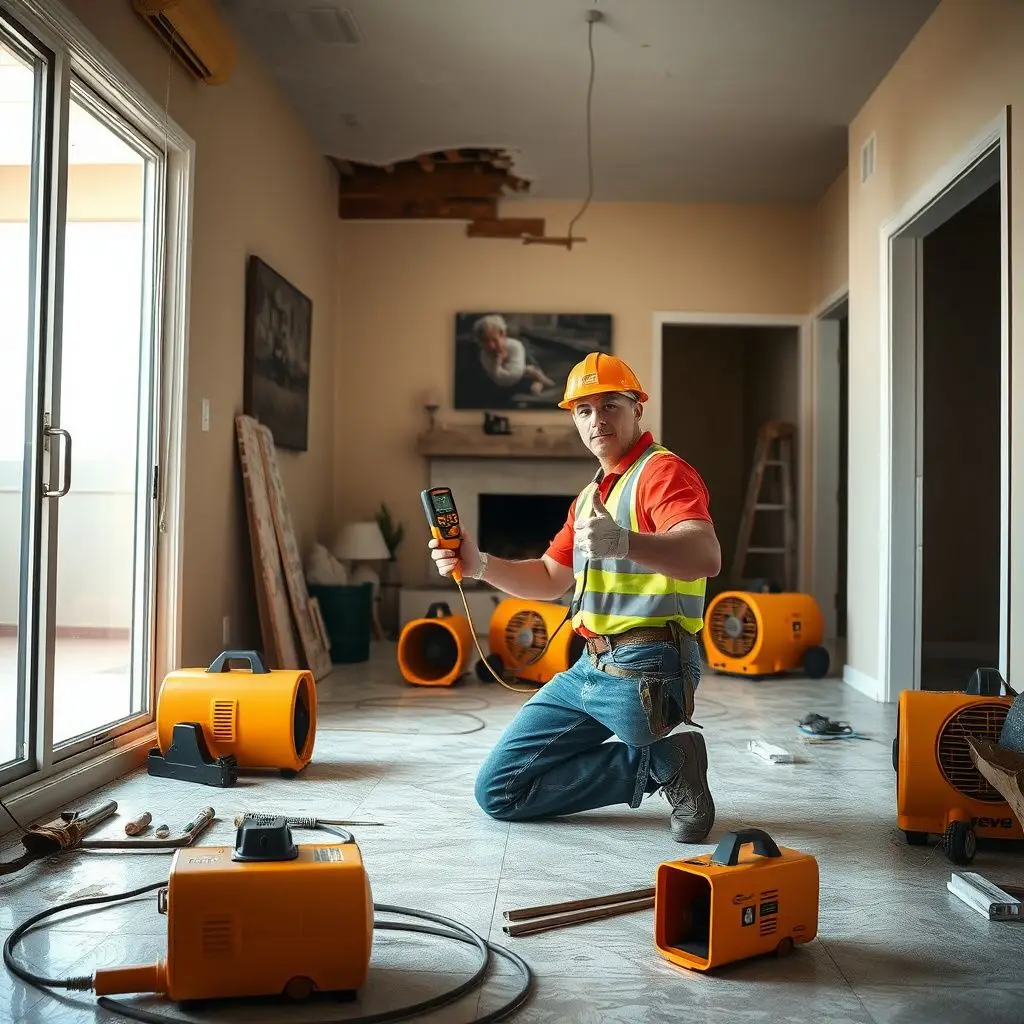 A restoration professional setting up industrial dehumidifiers in a Nellis AFB home to prevent mold growth.