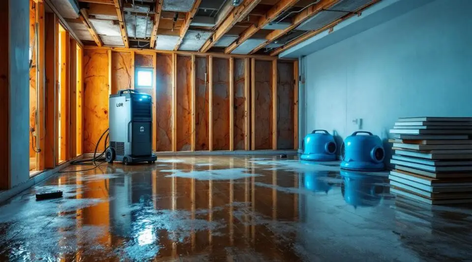Restoration expert using professional drying equipment in a San Diego residence after a flood to prevent structural damage.