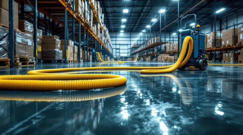 Pathway Restoration technicians using high-volume extraction vacuums on a flooded warehouse floor in Las Vegas.