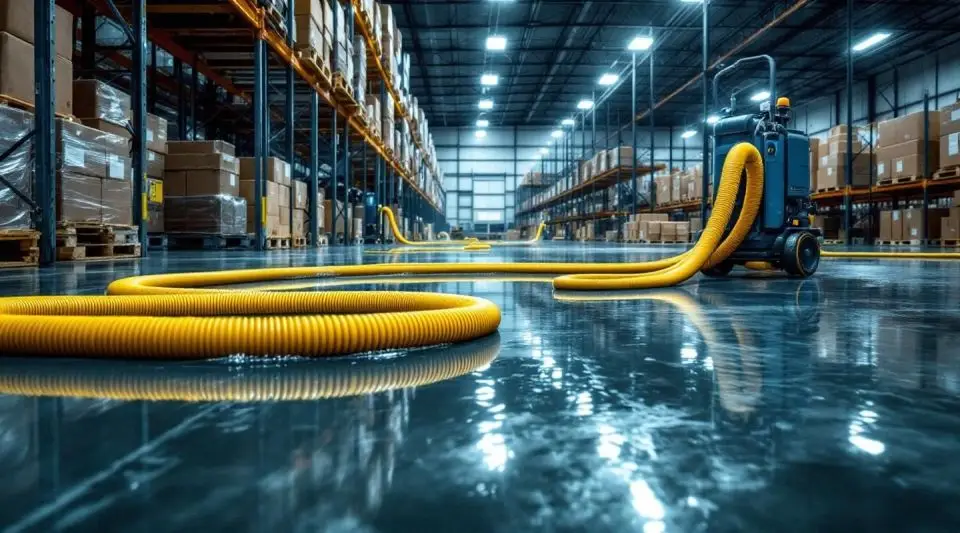 Pathway Restoration technicians using high-volume extraction vacuums on a flooded warehouse floor in Las Vegas.