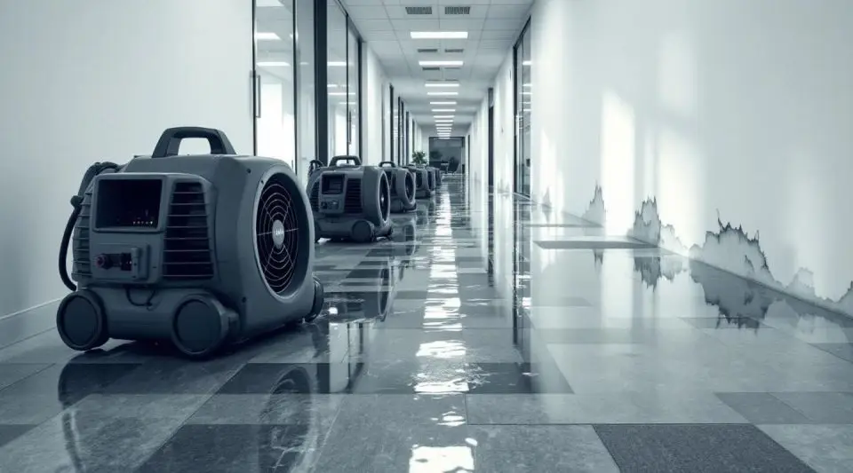 Pathway Restoration technicians operating industrial water extractors in a flooded Las Vegas office lobby during an emergency call.
