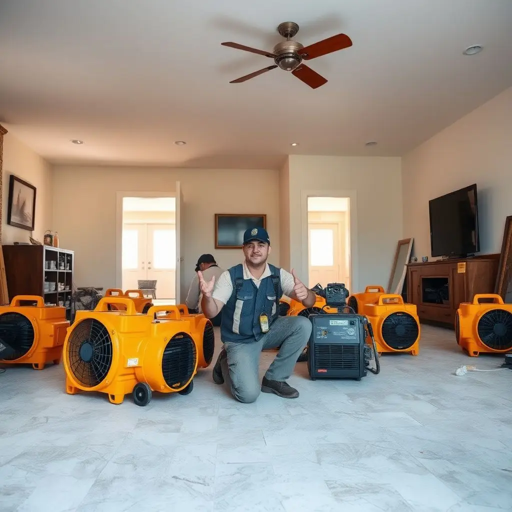 A clean, organized setup of industrial dehumidifiers and air movers in a Sunrise Manor living room, demonstrating professional structural drying.