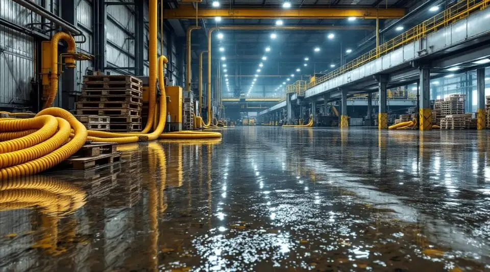 Pathway Restoration crew using high-capacity water extractors in a flooded Las Vegas warehouse facility.