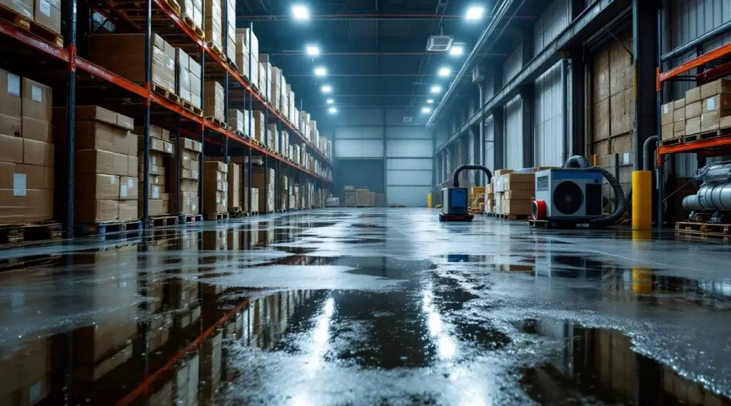 Professional restoration crew using industrial water extractors on a large flooded warehouse concrete floor in Las Vegas.