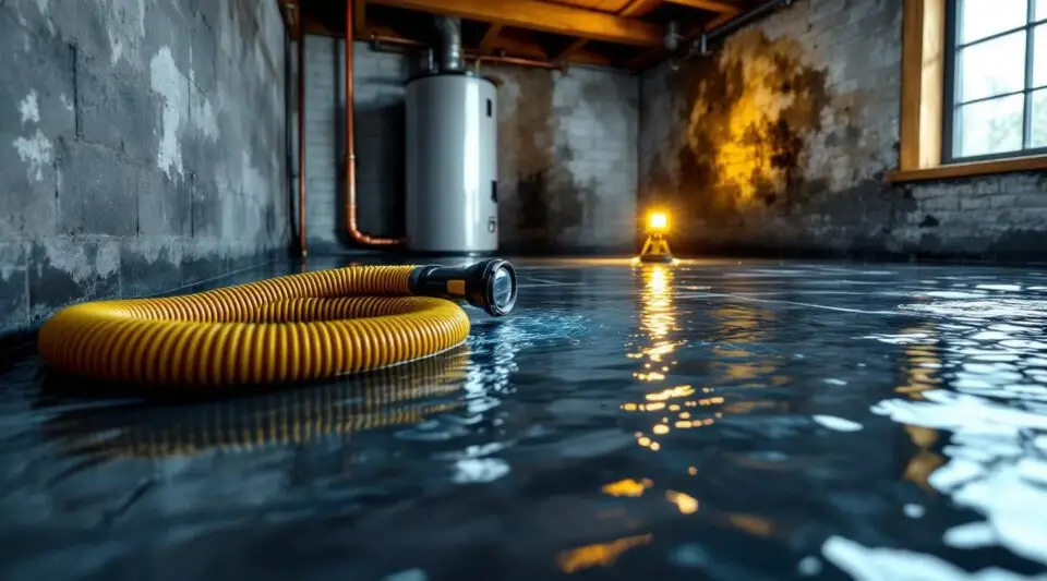 Professional technicians using industrial water extractors in a San Diego living room to remove standing water efficiently.