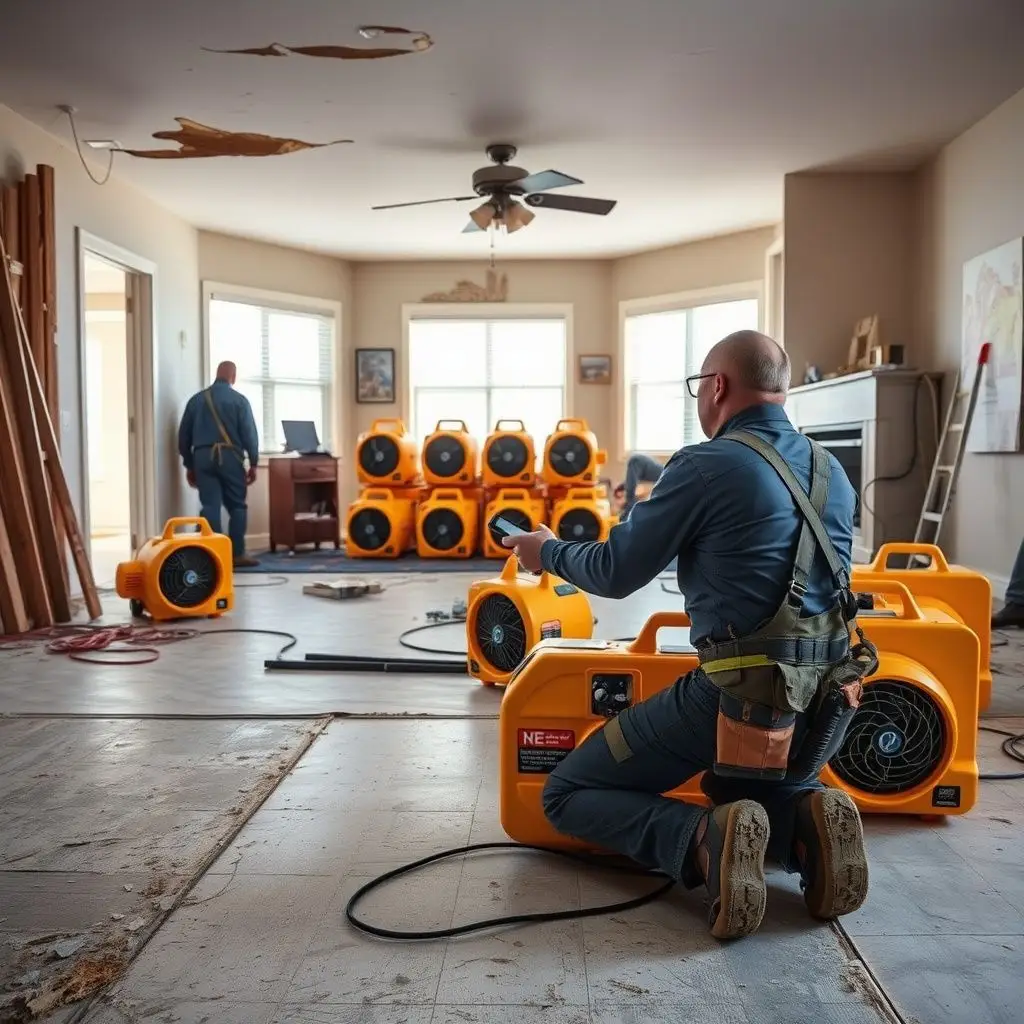 A technician using a moisture meter to check the baseboards of a Sloan home after a pipe burst.